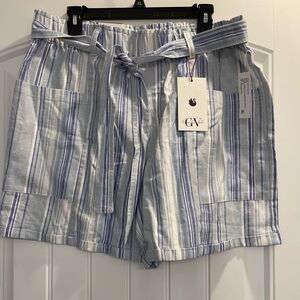 Gloria Vanderbilt Linen Blend Shorts Large Blue White Stripe tie belted Coastal